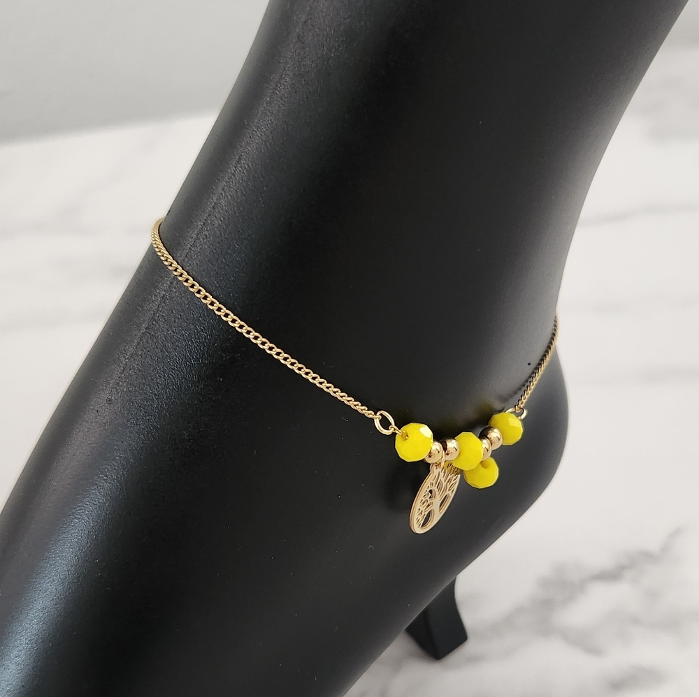 Gold Tree of Life Anklet with Yellow Beads 18K Plated Beachy Adjustable Ankl - Picture 6 of 10
